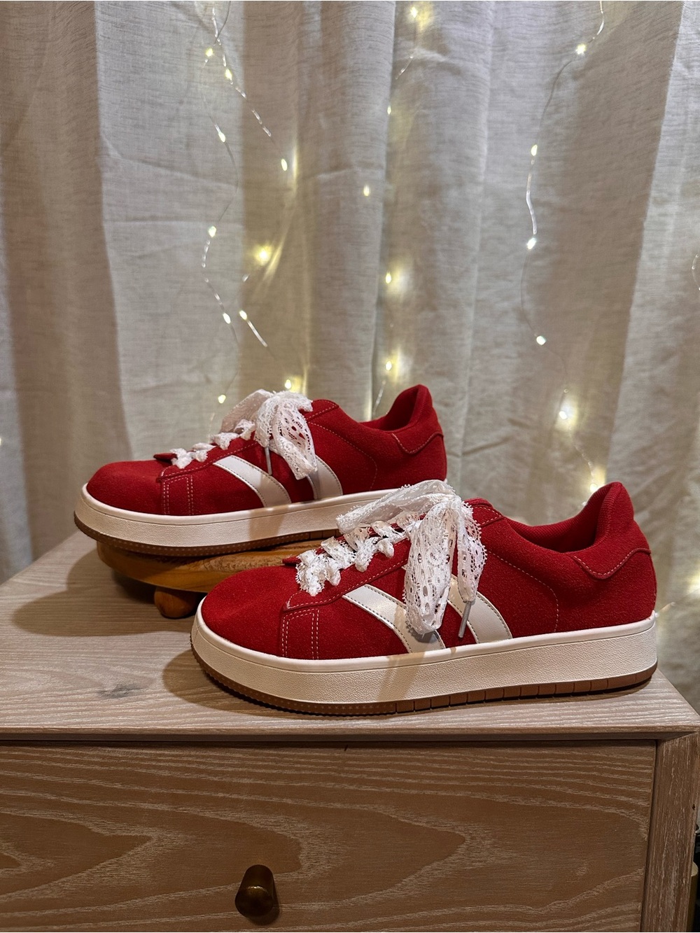 Women's Red Lace-Up Platform Sneakers with White Stripe